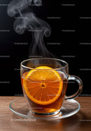 Hot Tea with Fresh Orange Slice in Glass Cup