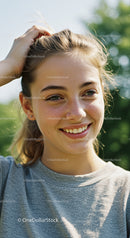 Joyful Young Woman Smiling Outdoors Under Summer Sun