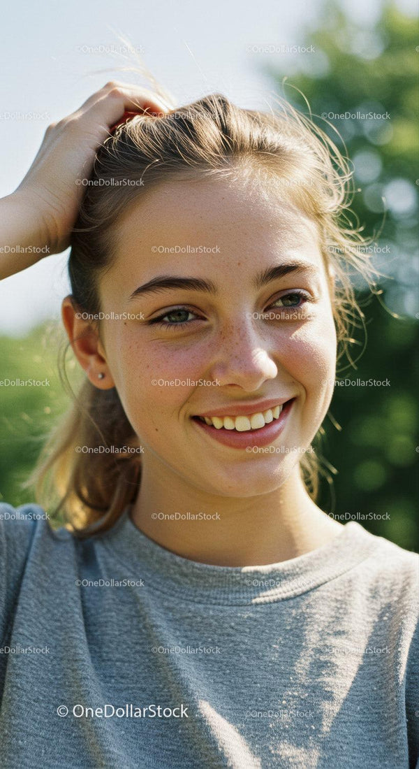 Joyful Young Woman Smiling Outdoors Under Summer Sun