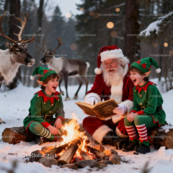 Santa Reading Stories to Elves by Winter Campfire