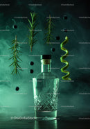 Crystal Bottle Surrounded by Herbs and Citrus Peel Twist