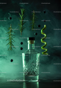 Crystal Bottle Surrounded by Herbs and Citrus Peel Twist