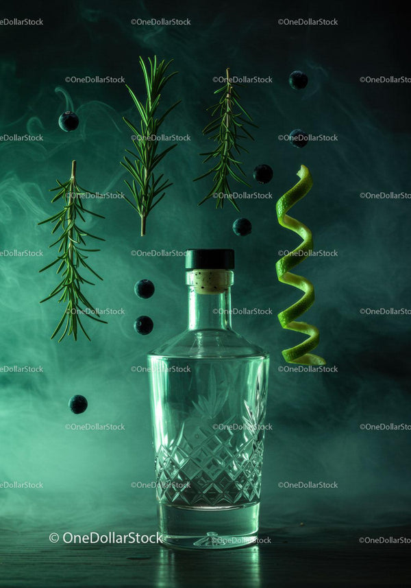 Crystal Bottle Surrounded by Herbs and Citrus Peel Twist