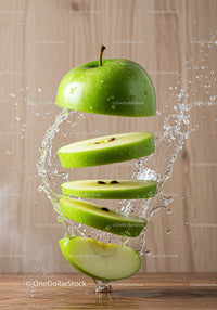 Floating Sliced Green Apple with Water Splash