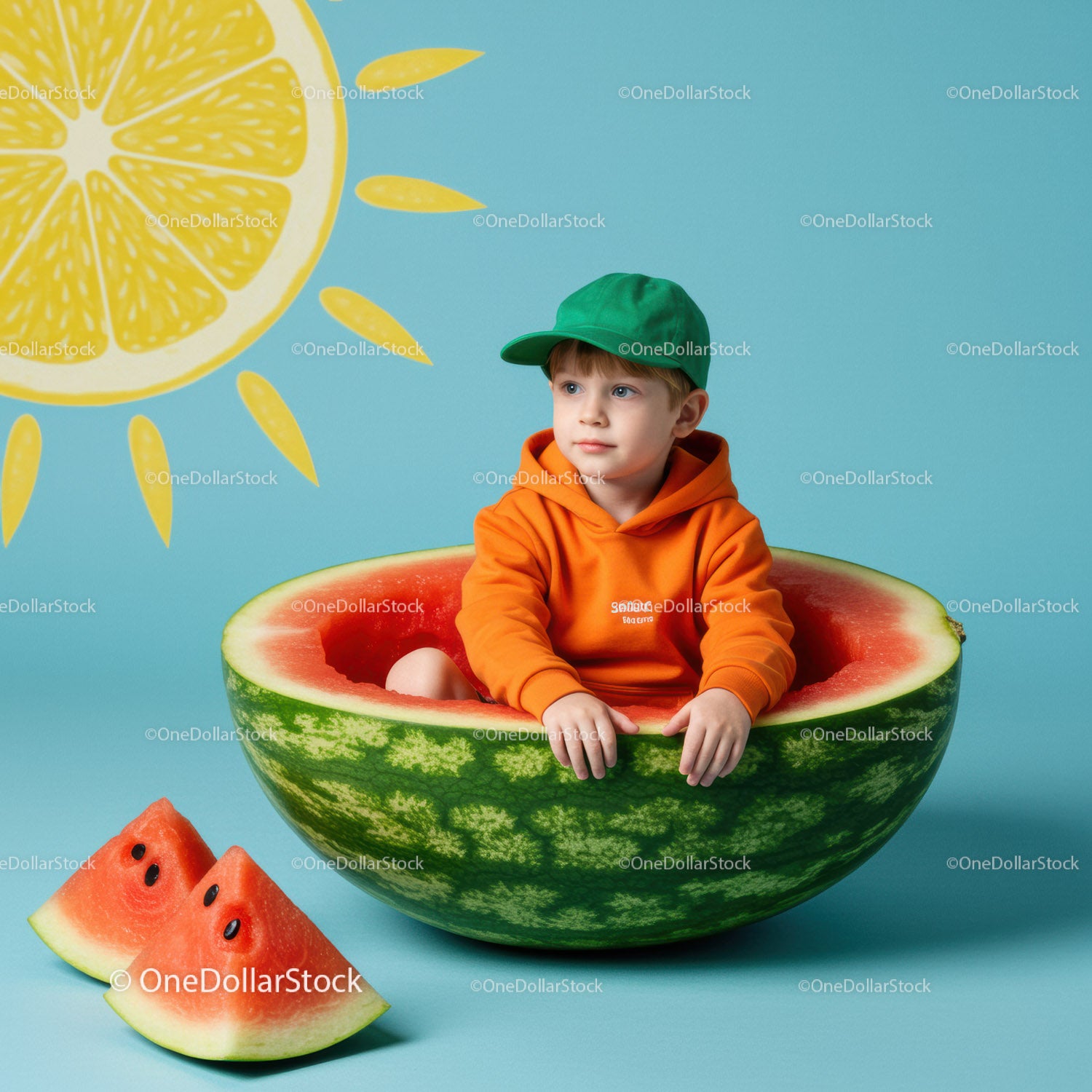 Child sitting inside hollow watermelon on blue background