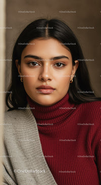 Portrait of a Young Woman with Black Hair in Red Turtleneck and Wool Coat