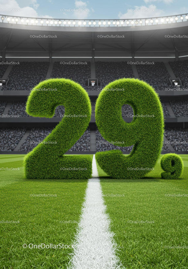 Green grass numbers on soccer field in stadium