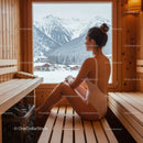Relaxing Woman in Sauna with Snowy Mountain View in Winter Scene