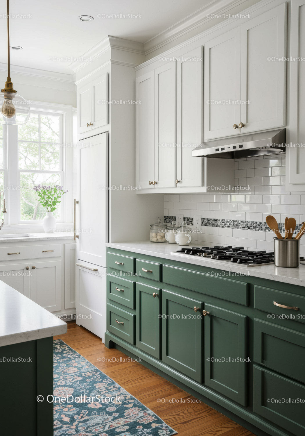 Bright Green and White Kitchen with Natural Light and Wooden Flooring