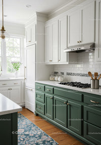 Bright Green and White Kitchen with Natural Light and Wooden Flooring