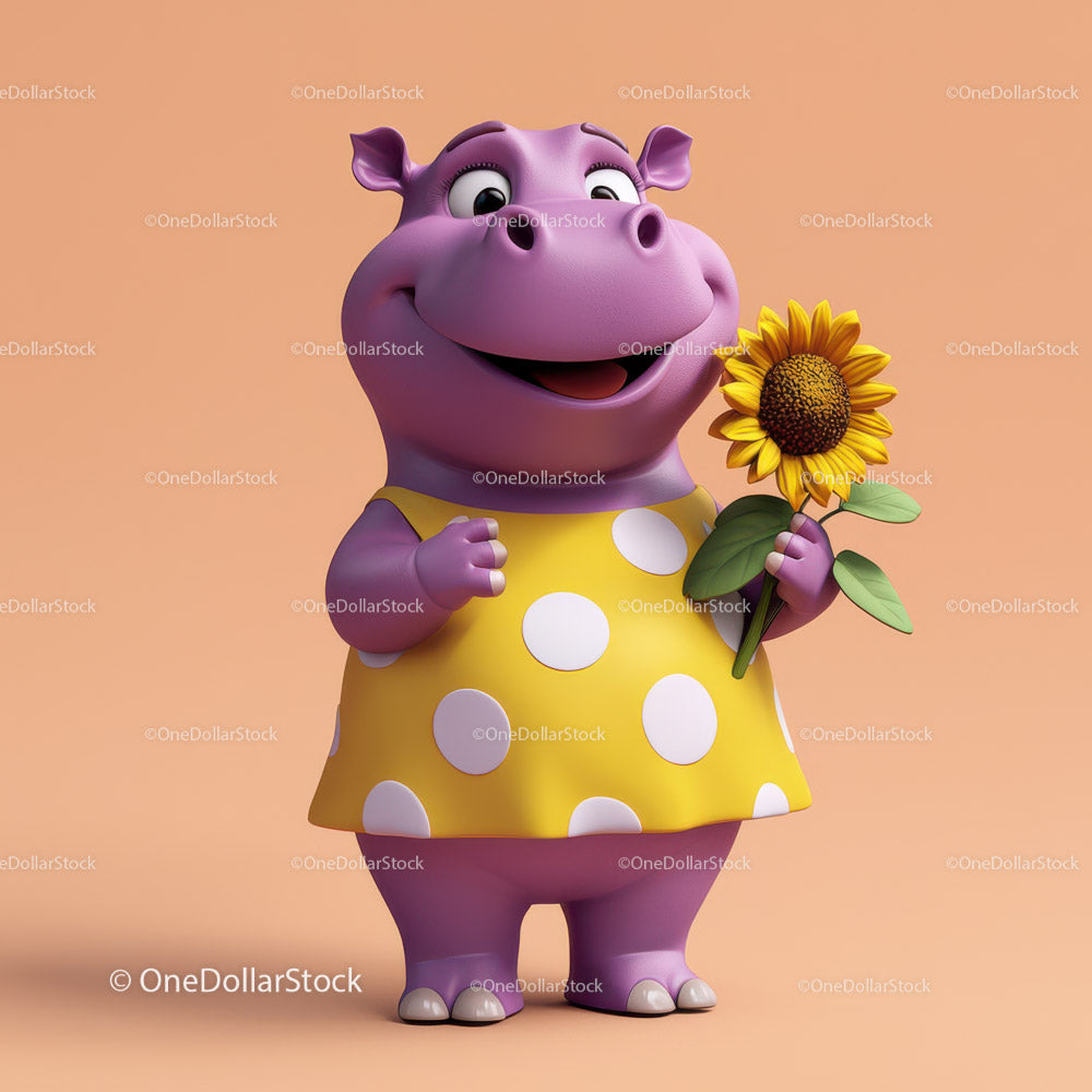 Cute Cartoon Hippo Holding Sunflower in Yellow Dress for Kids Illustration