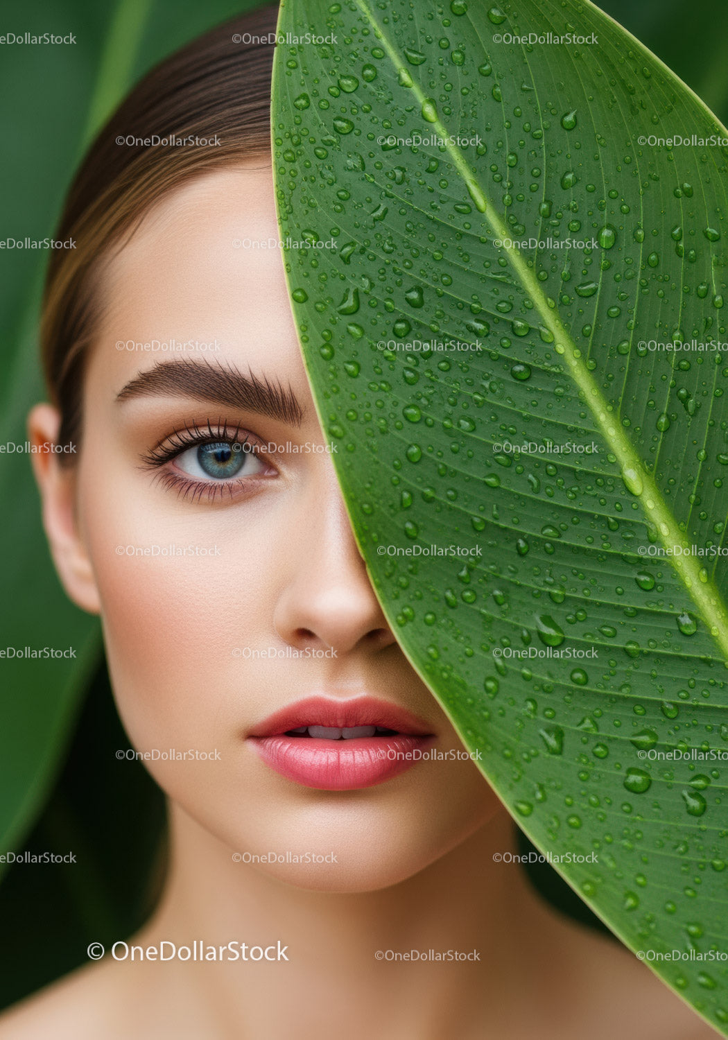 Close-up of a Woman’s Face with Green Leaf and Water Droplets