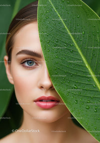 Close-up of a Woman’s Face with Green Leaf and Water Droplets