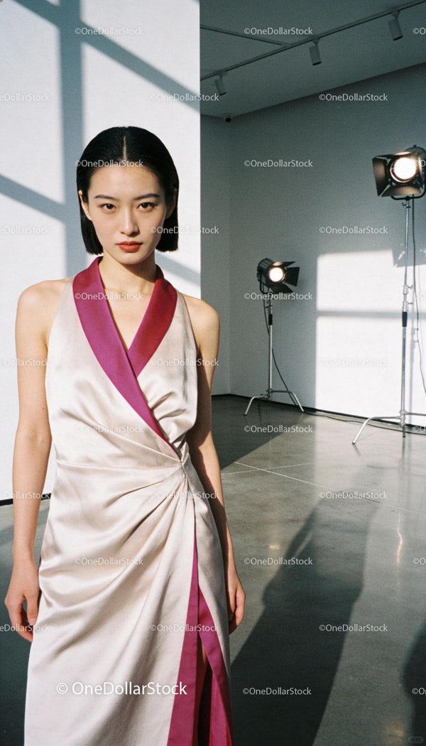 Elegant asian woman in silk dress posing in studio light
