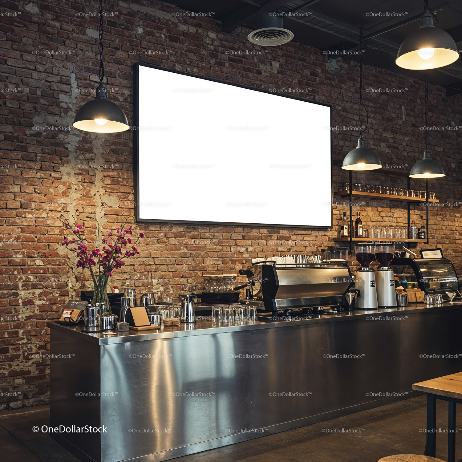 Modern industrial coffee bar with blank menu board