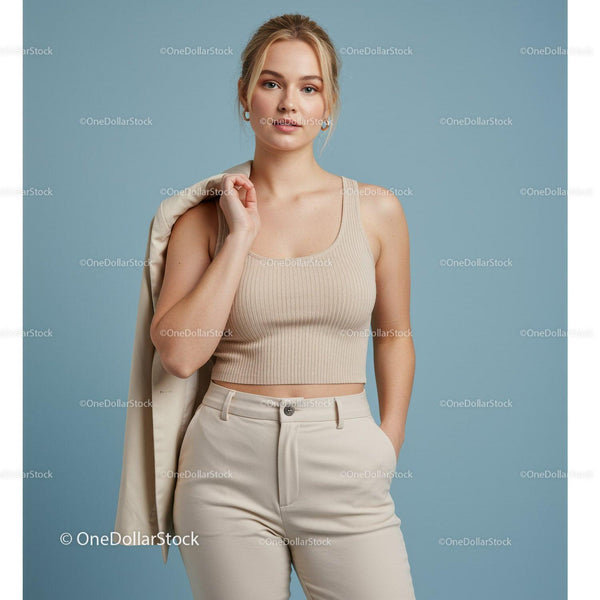 Portrait of a Young Woman in Beige Top and Cream Pants