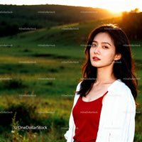 Young woman in red top enjoying sunset outdoors