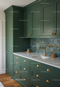 Green Kitchen Cabinets with Gold Handles and Mosaic Backsplash