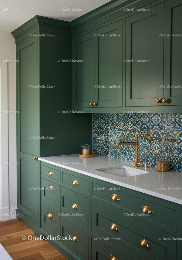 Green Kitchen Cabinets with Gold Handles and Mosaic Backsplash