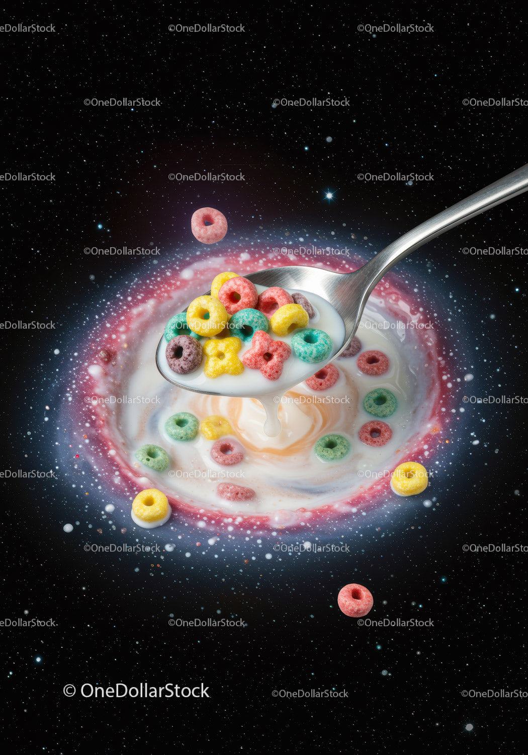 Colorful cereal in milk swirling like a galaxy cosmos