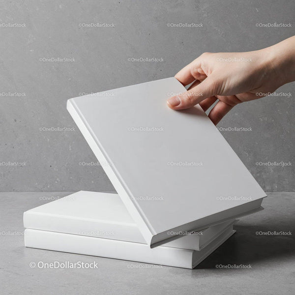 Hand Picking Up a Blank White Hardcover Book JPG Mockup Image