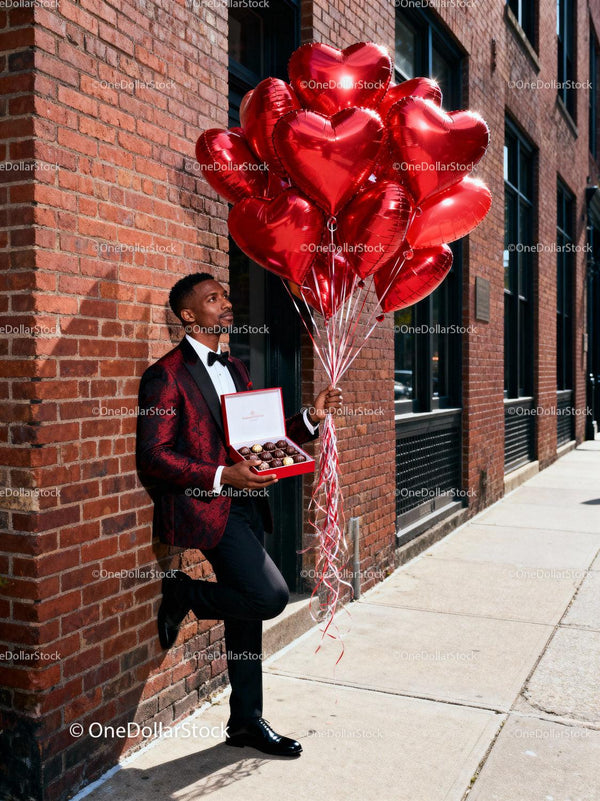 Man in tuxedo holding heart balloons and chocolates