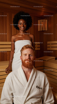 Relaxing Sauna Scene with Smiling Woman and Man in Wooden Interior