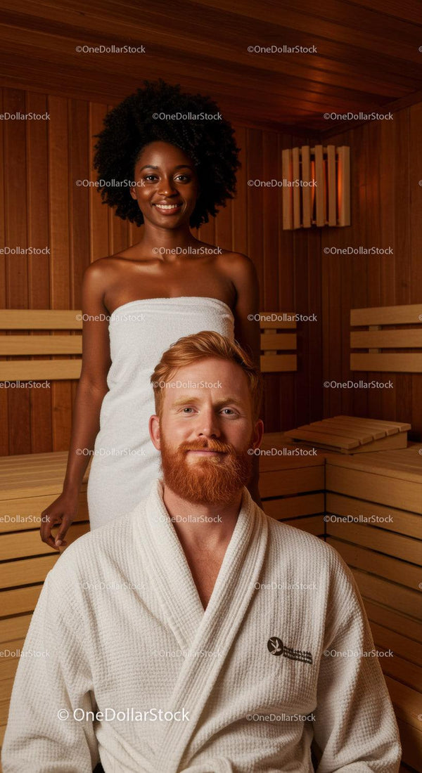 Relaxing Sauna Scene with Smiling Woman and Man in Wooden Interior