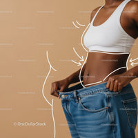 Plus Size Woman Measuring Waist With Loose Jeans and White Sports Bra