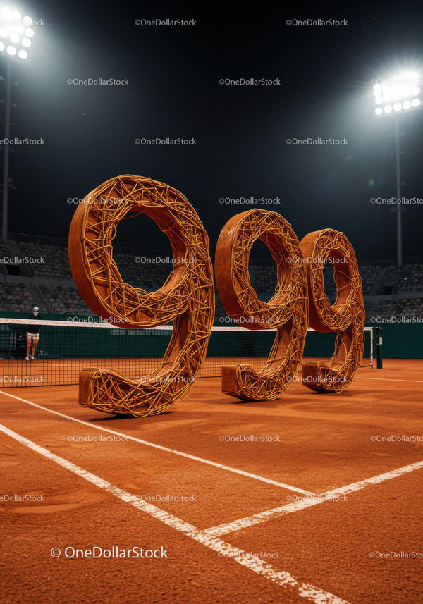 Tennis Court Featuring Artistic Number Sculptures at Night