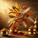 Assorted vibrant spices and herbs in dynamic motion