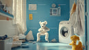 Cozy Laundry Room Scene with Plush Teddy and Household Items