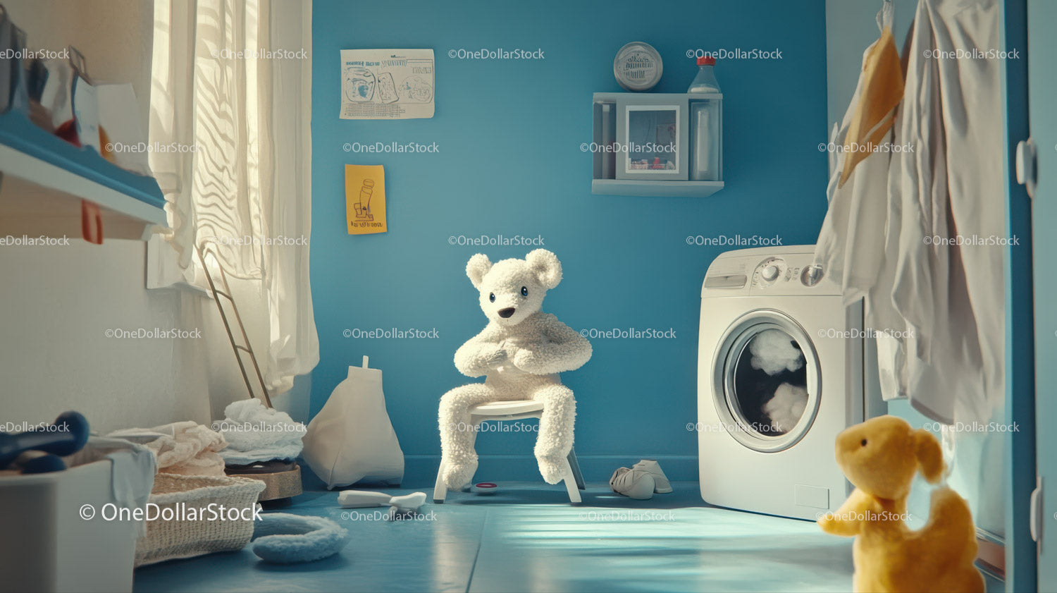 Cozy Laundry Room Scene with Plush Teddy and Household Items