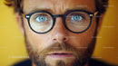 Close-up of Man with Blue Eyes and Black Round Glasses on Yellow Background
