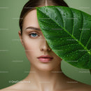 Close-up of Woman with Blue Eyes and Large Green Leaf with Water Droplets