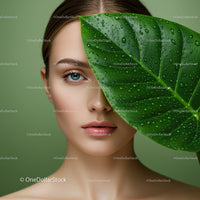 Close-up of Woman with Blue Eyes and Large Green Leaf with Water Droplets
