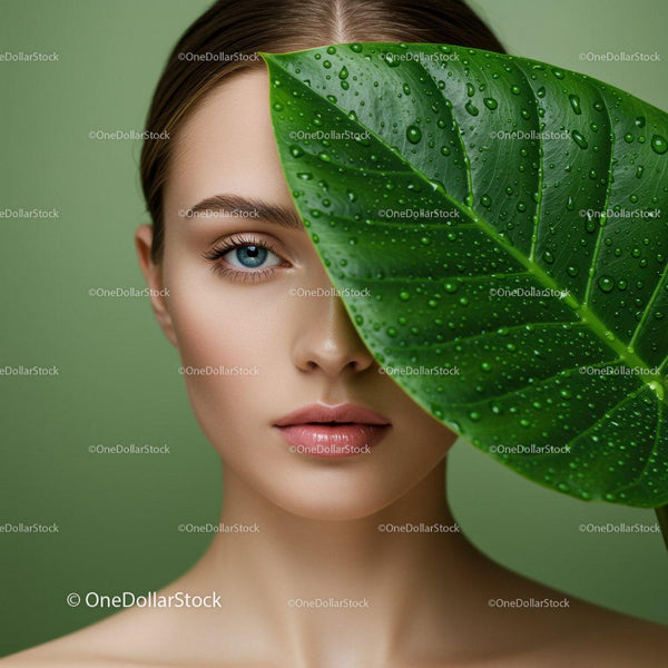 Close-up of Woman with Blue Eyes and Large Green Leaf with Water Droplets