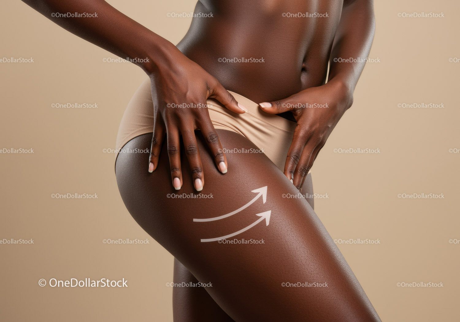 Beautiful Dark-Skinned Woman Posing with Arrows on Thighs in Beige Studio