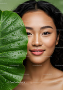 Young Woman with Bright Skin Next to Tropical Green Leaf