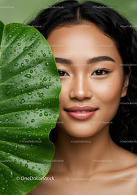 Young Woman with Bright Skin Next to Tropical Green Leaf