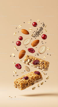 Healthy granola bars with nuts and dried berries floating