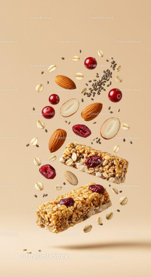 Healthy granola bars with nuts and dried berries floating