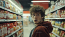Young Man Surprised in Grocery Store Aisle with Snack Shelves