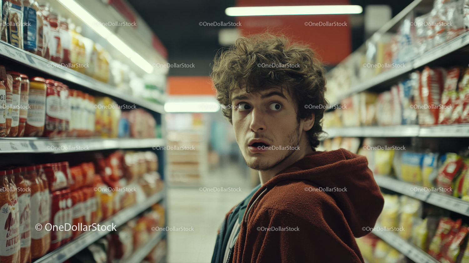 Young Man Surprised in Grocery Store Aisle with Snack Shelves