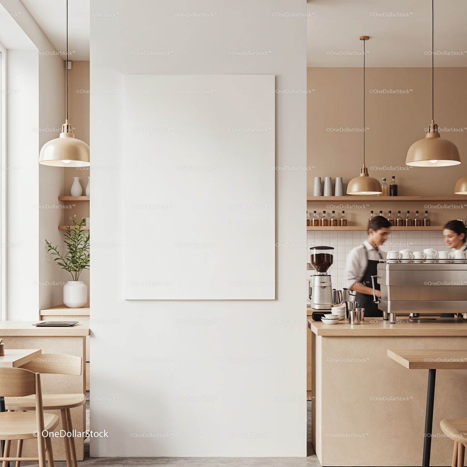 Modern coffee shop interior with baristas at work