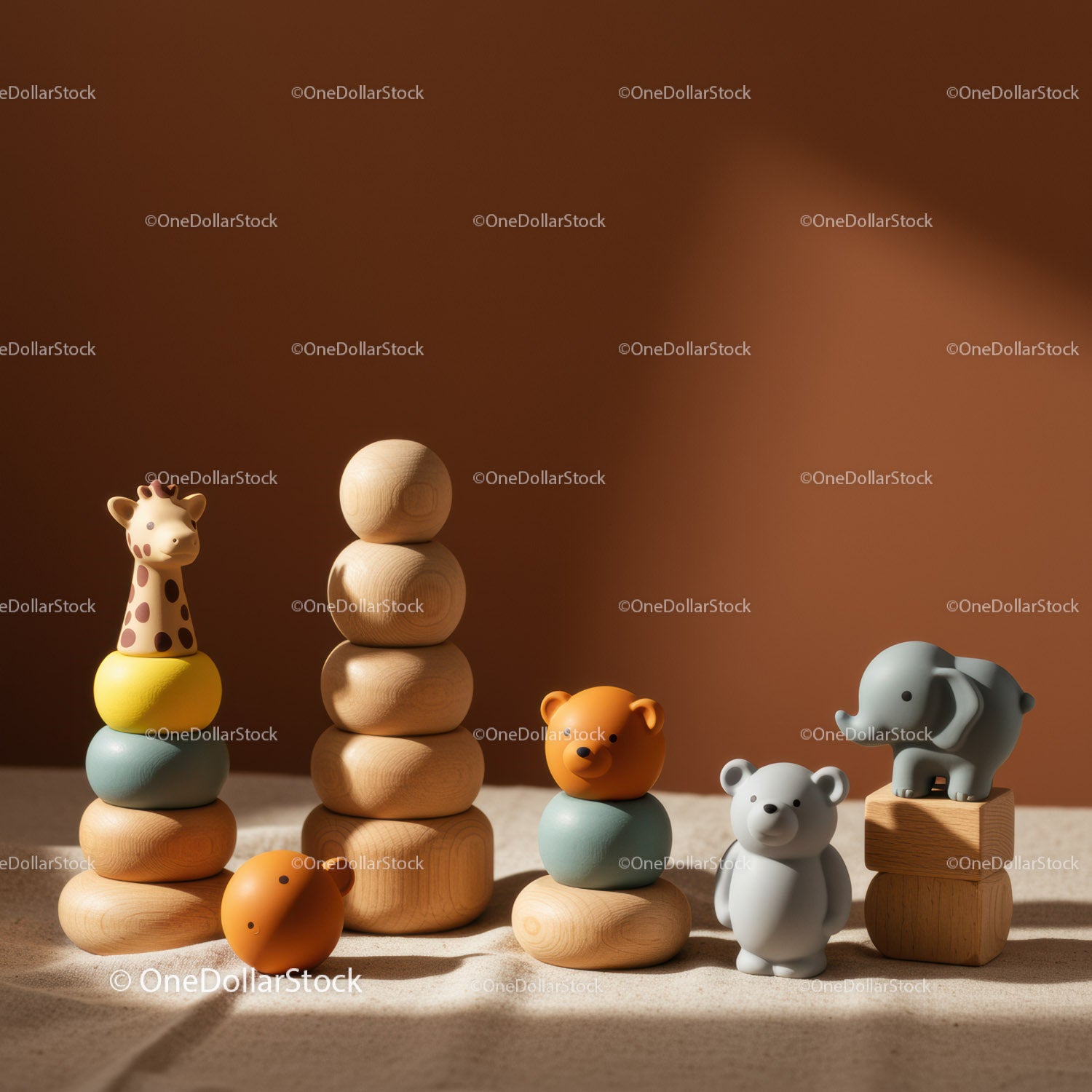 Wooden Animal Stacking Toys with Warm Natural Light
