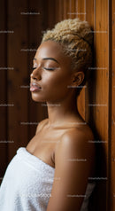 Elegant Young Woman Relaxing in Spa with Wooden Background