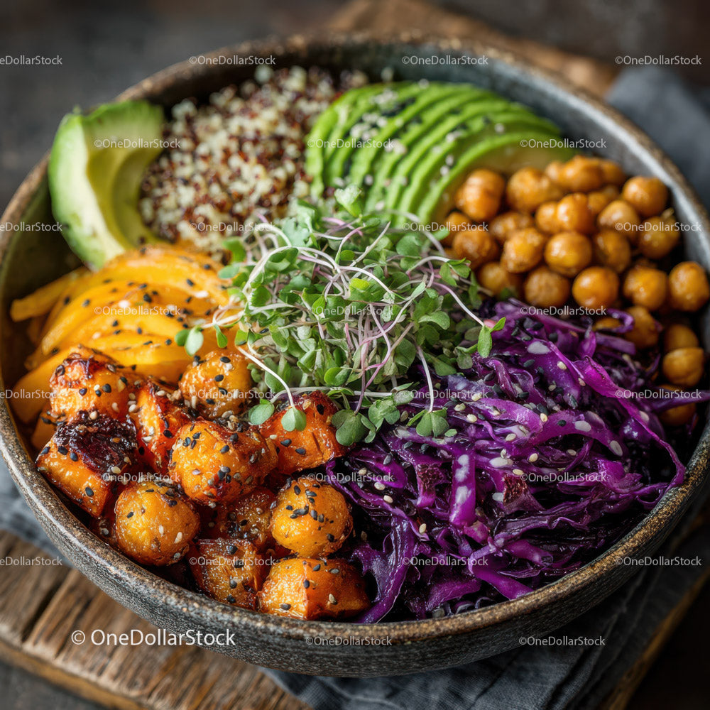 Colorful Quinoa Salad with Avocado Roasted Chickpeas and Microgreens