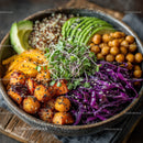 Colorful Quinoa Salad with Avocado Roasted Chickpeas and Microgreens