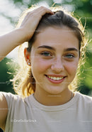 Joyful Young Woman Smiling Outdoors with Natural Light